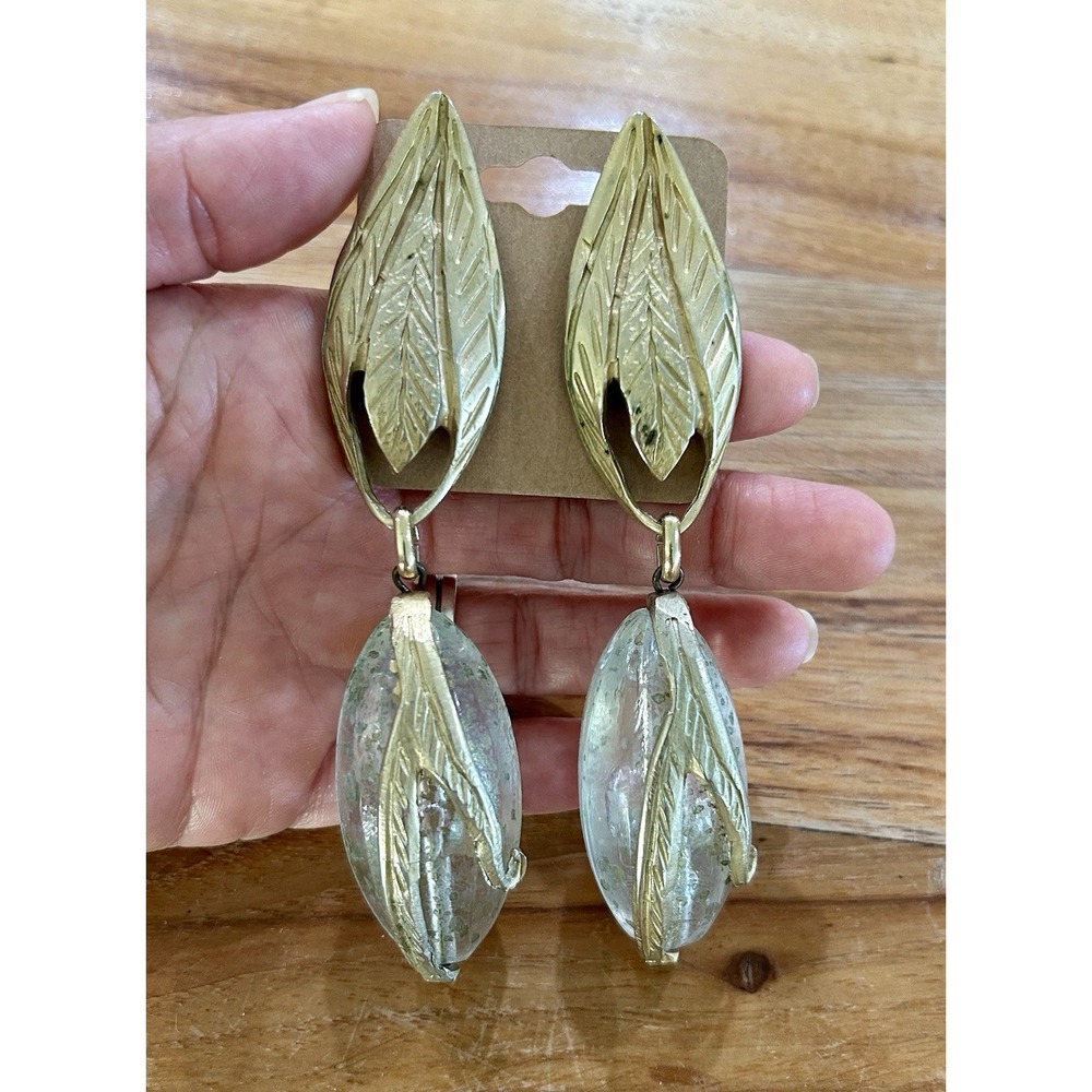 Vintage Italy Designer Couture Lucite Goldtone Dangle Clip Earrings Signed S